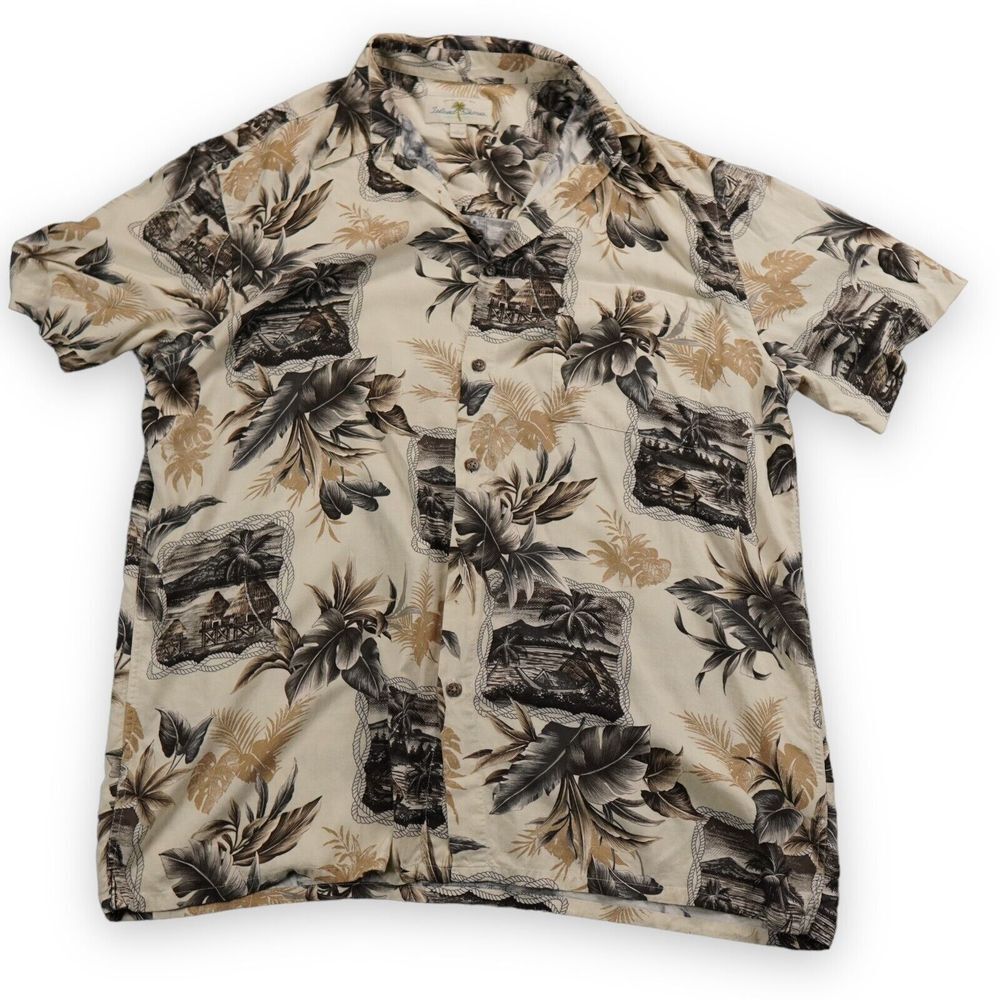 Island Shores Hawaiian‎ Shirt Large Tan Brown Tropical floral pattern Beach